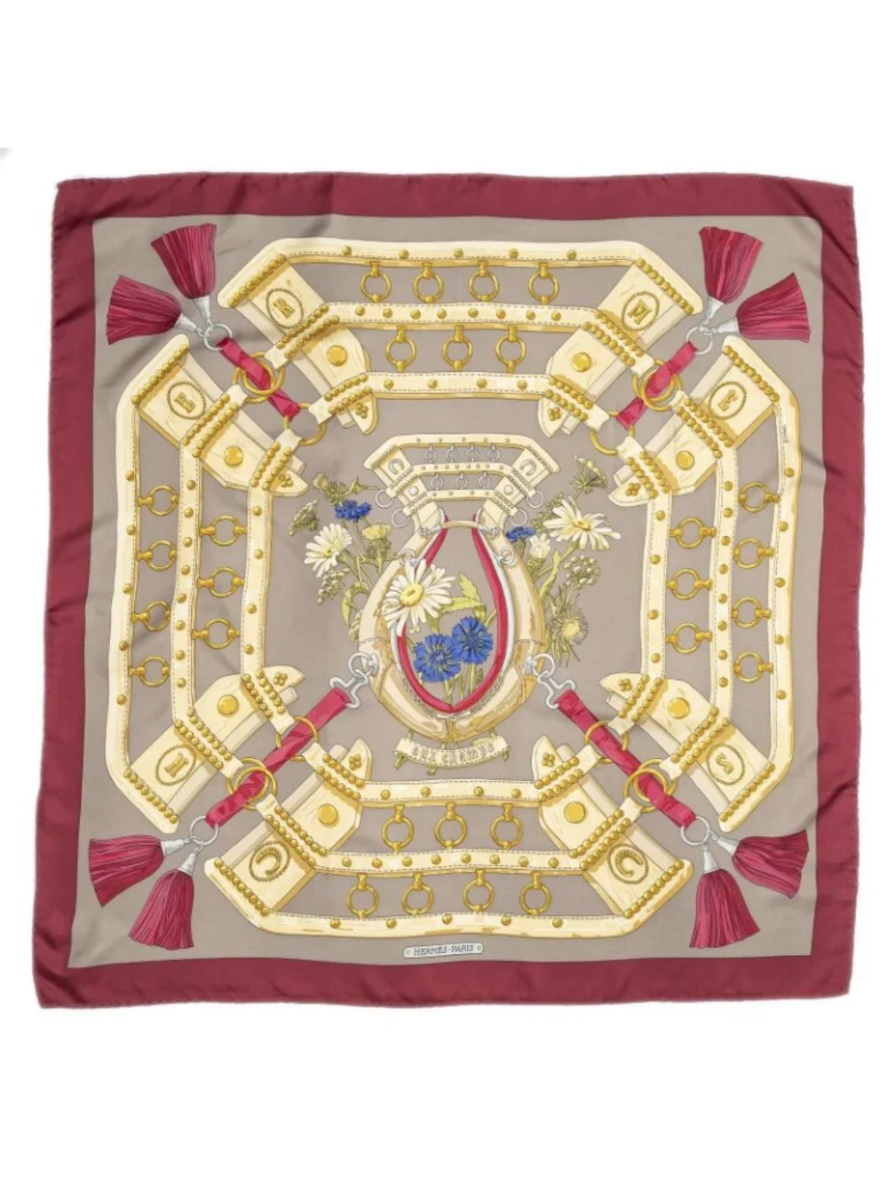 Hermes Scarf Red Gray 100% Gold Twill Silk